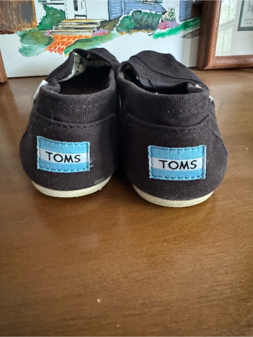 Toms Brown Canvas Slip-On Shoes with Light Blue Heel Patch
